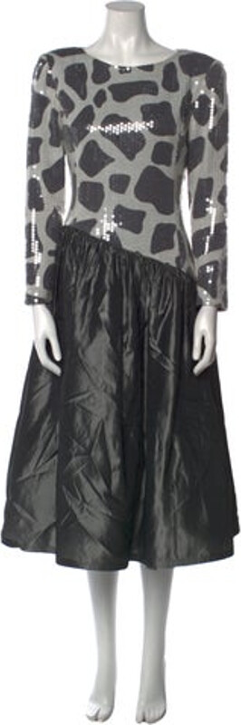 Saks Fifth Avenue Tent Dress Vintage From the 1980's Collection Green Printed Sequin Embellishments Long Sleeve with Bateau Neckline Concealed Zip Closure at Back