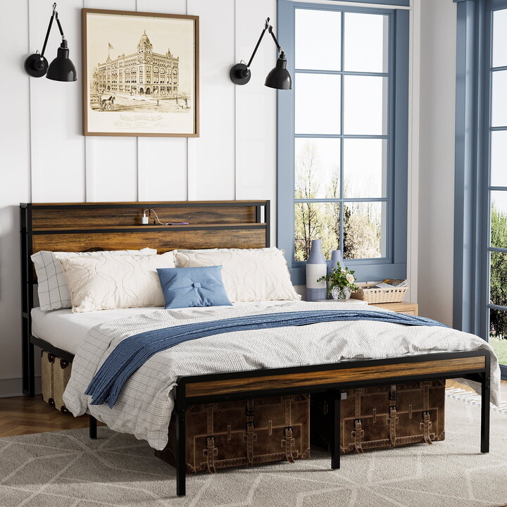Leumius Queen Size Bed Frame with LED Lights, Industrial Style Platform Bed Frame with Charging Station, Noise Free,Brown