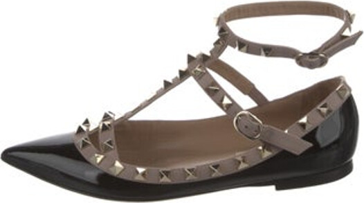 Valentino Patent Leather Ballet Flats Black Colorblock Pattern Rockstud Accents Pointed-Toes with Studded Accents Multistrap & Buckle Closure at Ankles Includes Box & Dust Bag Designer