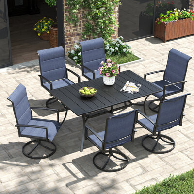 Red Barrel Studio 59''L x 38''W Dining Table with Umbrella Hole and 6 Padded Textilene Swivel Chairs | Sturdy Outdoor Dining Set for Patio