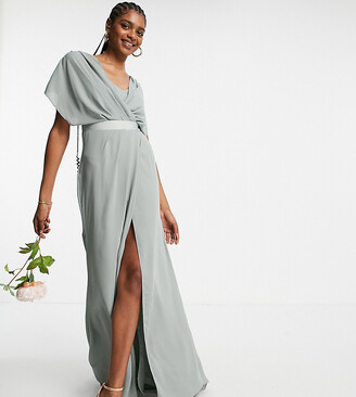 ASOS Tall ASOS DESIGN Tall Bridesmaid short sleeved cowl front maxi dress  with button back detail in olive - ShopStyle