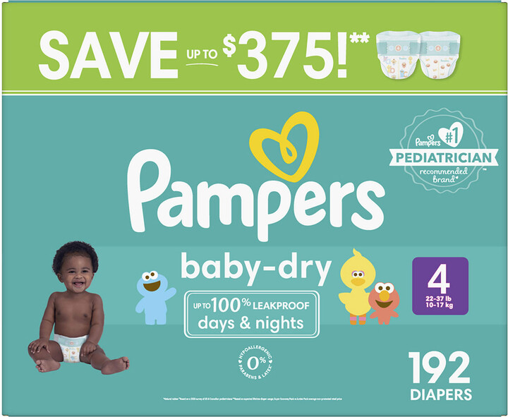 Pampers Baby-Dry Leakproof Diapers, Size 4:- 4 - 192 ct. (22-37 lb.)