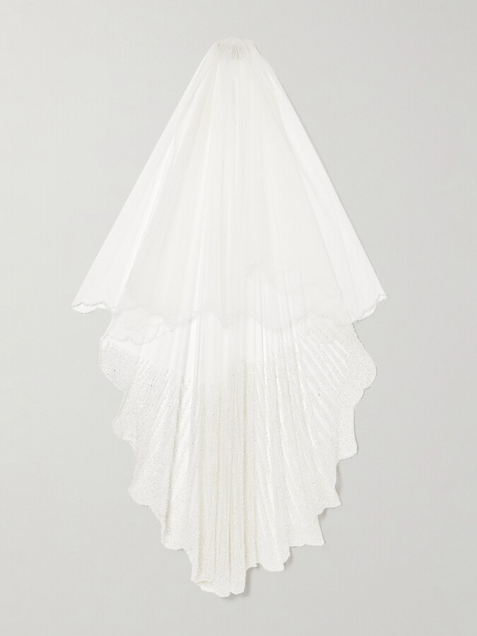 Clio Peppiatt - Chantilly Embellished Scalloped Tulle Veil - Ivory