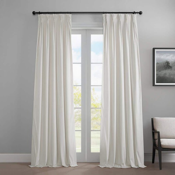 Exclusive Fabrics & Furnishings Pillow White Pleated Curtains Heritage Plush Velvet 25 in. W x 108 in. L Velvet Room Darkening Curtain (Single Panel)