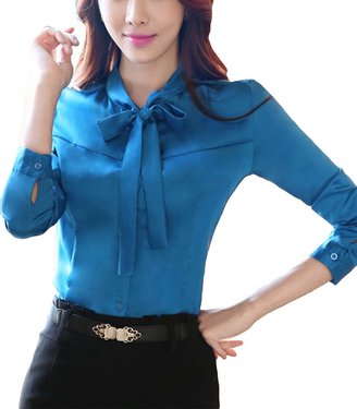 MFrannie Women Tie Bow Neck Long Sleeve Casual Office Lady Work Blouse Tops