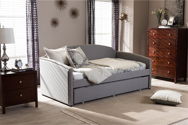 Baxton Studio Lanny Modern and Contemporary Fabric Nail Heads Trimmed Arched Back Sofa Twin Daybed with Roll-Out Trundle Guest Bed, Gray
