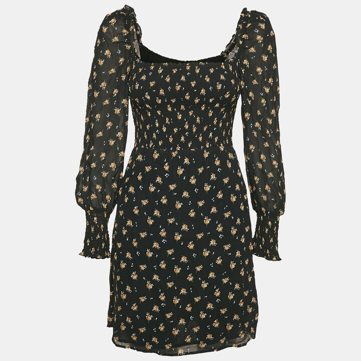 Maje Black Floral Print Crepe Smocking Detail Mini Dress M