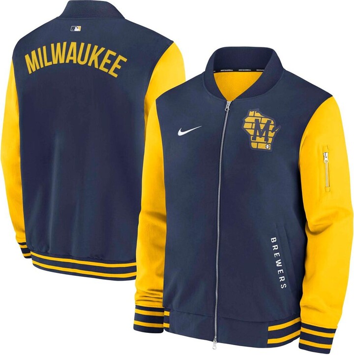 Nike Men's Navy/Gold Milwaukee Brewers Authentic Collection Dugout Full-Zip Bomber Jacket - Navy Gold