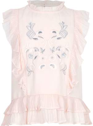 River Island Girls pink frill high neck embroidered top