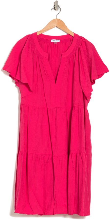 Calvin Klein Gauze Split Neck Short Sleeve Shift Dress - ShopStyle