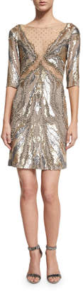 Jenny Packham Half-Sleeve Embellished Sheath Dress, Dawn Gold