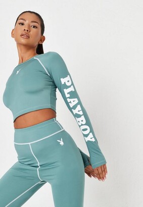 Missguided Playboy X Recycled Green Long Sleeve Crop Gym Top - ShopStyle