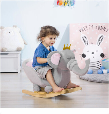 Qaba Baby Rocking Horse Elephant Rocking Chair Toddler Rocker Toy with Sound Wooden Base Seat Safety Belt for 1.5-3 Year Old