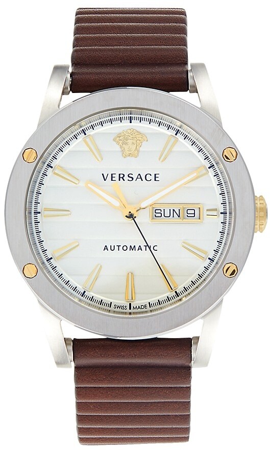Versace Theros Automatic Stainless Steel Ribbed Leather Strap Watch -  ShopStyle