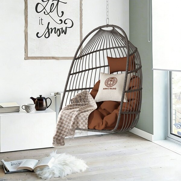 BAOUREBrownOutdoorRattanEggChairPEGardenEggSwingChairHangingChairwithCushionandPillowFoldingHangingChair