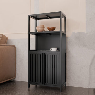 Red Barrel Studio Separate Floor-To-Ceiling Bathroom Storage Cabinet With 2 Doors For Living Room, Kitchen, Entrance, Black Bamboo