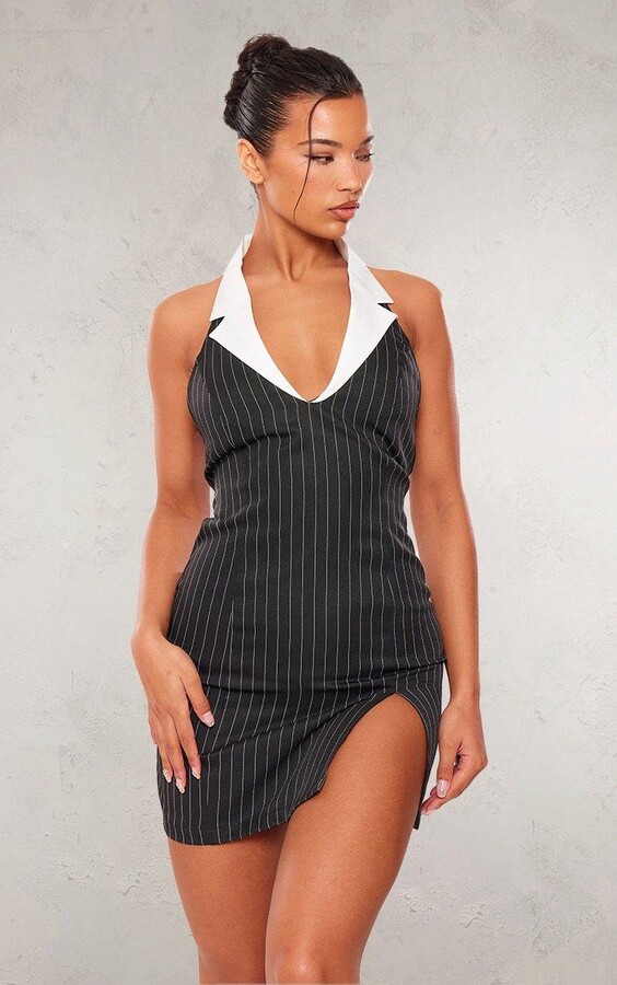 Black Tailored Woven Pin Stripe Contrast Collar Bodycon Dress