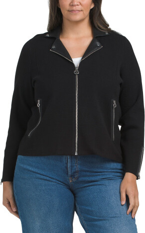 TJMAXX Plus Faux Leather Trim Zip Cardigan, Nylon/Polyester/Leather
