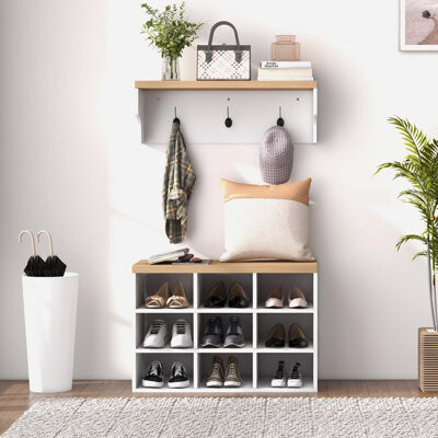 2-in-1 Coat Rack Shoe Bench Set, 9 Pair Shoe Storage Cabinet Rack with Hall Tree, Modern Entryway, Hallway, Mudroom, Bedroom Organizer, White