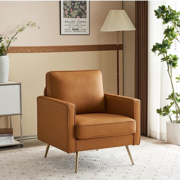 VINGLIPULeatherAccentChairBrownMidCenturyModernUpholsteredSofaArmChairswithGoldLegs