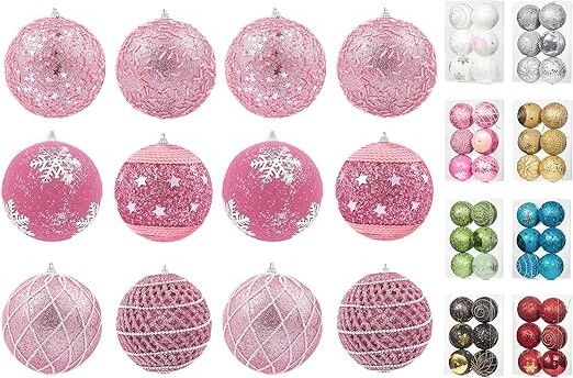 LANGXUN 12pcs 3.2" Large Handmade Pink Christmas Balls Ornament, 2023 New Christmas Tree Decorations, Bola De Navidad árbol De Navidad Decoración, Shatter-Proof Xmas Decor, Holiday Party