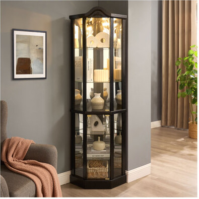 Latitude Run Lighted Black Corner Curio Cabinet with Adjustable Glass Shelves - Cherry Carved Glass Display Cabinet for Home Office Dining Room