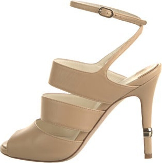 Chanel Leather Slingback Sandals Neutrals Interlocking CC Logo & Quilted Pattern Multistrap & Buckle Closure at Ankles Designer