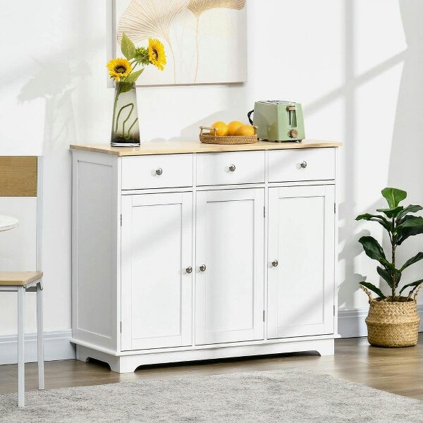 ResenkosModernSideboardBuffetwithRubberwoodTop,Cabinets,andDrawers,White