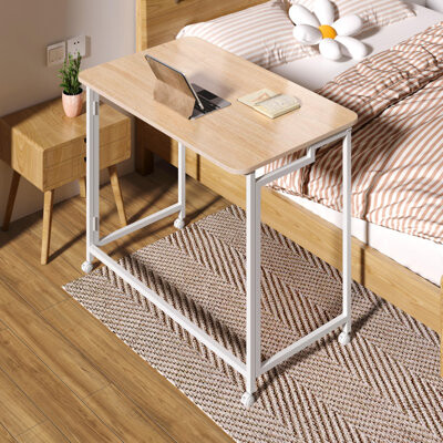East Urban Home Mobile Small Rolling Computer Desk, Folding Laptop Cart Table With Wheels, Portable Office Desk For Small Space Couch Bed - Natural And White