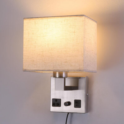 Latitude Run Dimmable Wall Sconce With USB Charging Port & AC Outlet - Plug-In Or Hardwired Shade Bedside Lamp For Bedroom, Living Room, Hotel