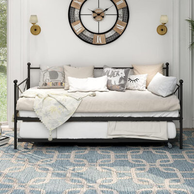 Blooming Twin Daybed With Metal Frame, Trundle, And Headboard - Multifunctional Black Space-Saving Sofa Bed