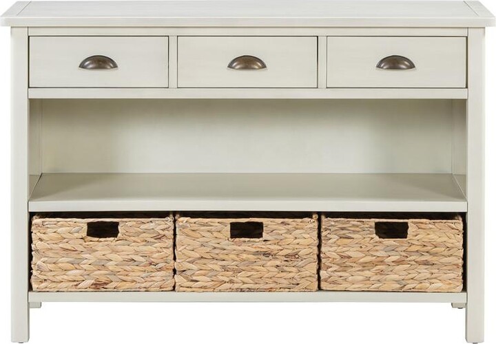 Casainc Console Table Cabinet with 3 Storage Drawers 3 Water Hyacinth Woven Baskets