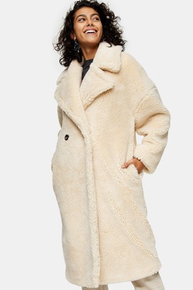 Qed london oversized borg coat in cream Clearance