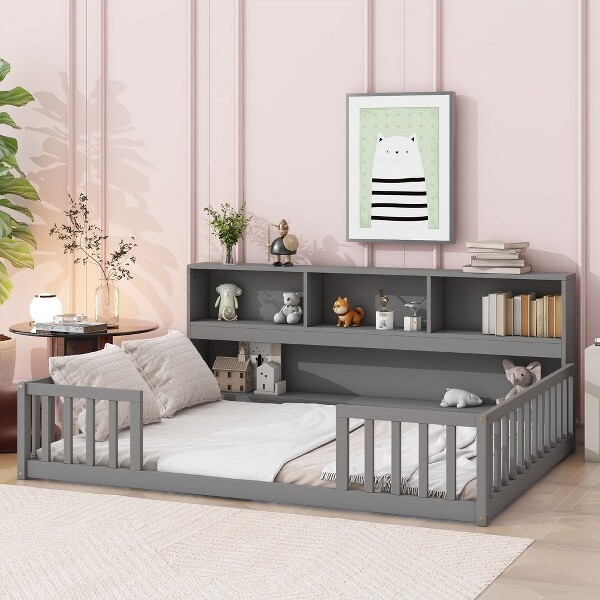 CAVINAS LLC CAVINASFloorBedFullSizeModernPineBedFramewithBedsideBookcaseGuardrailsandOpeningforBedroomGray