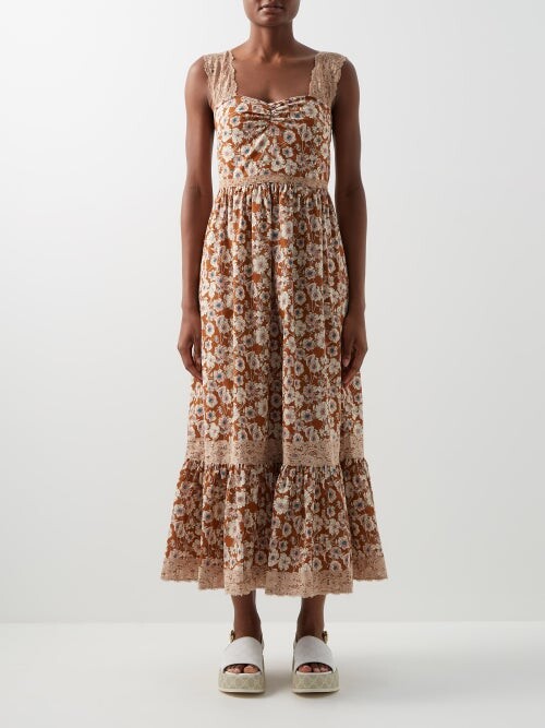 Gucci Floral-print Lace-trimmed Twill Dress - Brown Multi - ShopStyle 