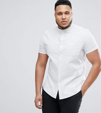 ASOS Design Plus Stretch Slim Oxford Stripe Shirt With Grandad Collar