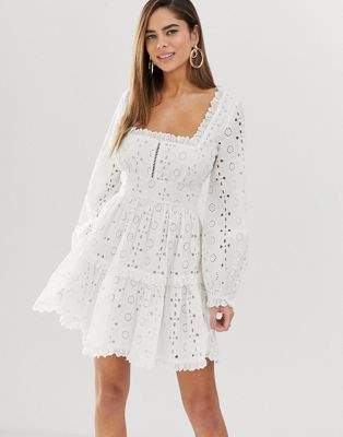 ASOS Design DESIGN broderie square neck mini skater dress with lace trims-White
