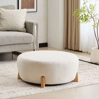 George Oliver Modish Round Ottoman: Boucle Top With Splayed Rubber Wood Legs