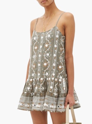 Juliet Dunn Nomad Mirror-embroidered Cotton Dress - Khaki Print