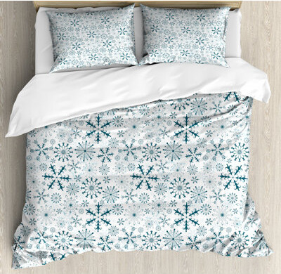 Ambesonne Winter Duvet Cover Set Merry Xmas Snowflakes Calking Teal White