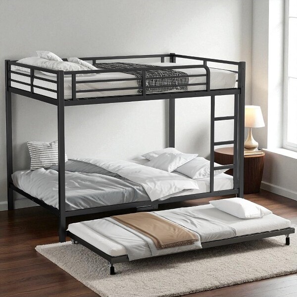 MshliwFullOverFullMetalBunkBedwithTwinTrundle,Heavy-DutyFrame,GuardrailSafety,Noise-FreeDesign,Space-SavingBedforKidsorGuests