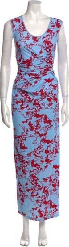 Loring Sheath Dress Blue Floral Print Ruffle Embellishment Sleeveless with Scoop Neck Size not listed, estimated from measurements.