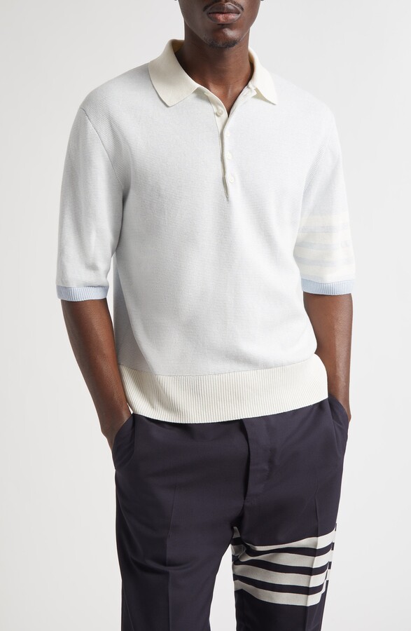 Thom Browne Relaxed Fit 4-Bar Textured Stripe Linen & Cotton Polo Sweater