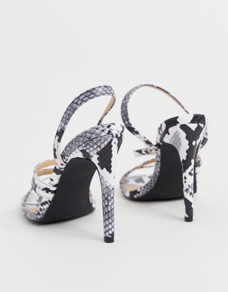 Truffle Collection Wide Fit snake print strappy stiletto square toe heeled sandals