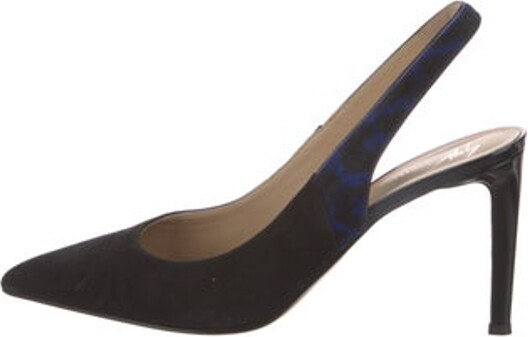 Giuseppe Zanotti Suede Slingback Pumps Black Mohair & Patent Leather Trim Pointed-Toes with Fur Trim
