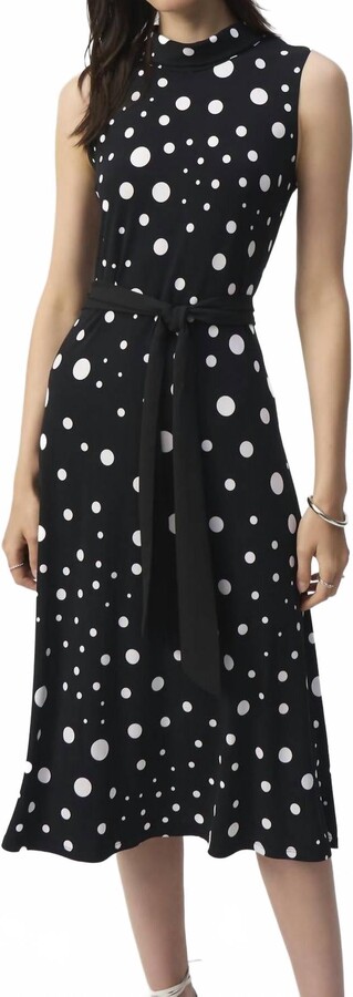 Joseph Ribkoff Polka Dot Belted Midi Dress In Black/vanilla