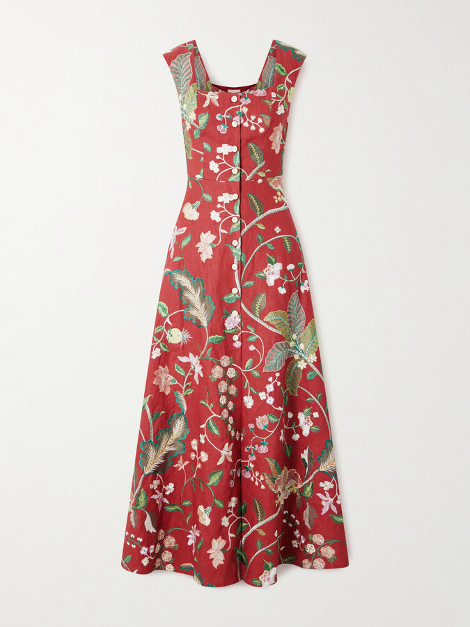 MARTA FERRI Farfalle Embroidered Linen-blend Maxi Dress - S/M