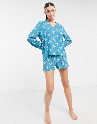 NIGHT woven short pajama set with scorpion print in blue