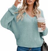 Thumbnail for your product : Yidarton Women's V Neck Jumpers Knitted Sweater Chunky Casual Batwing Pullover Cable Knit Loose Long Sleeve Jumper Tops (Green L)