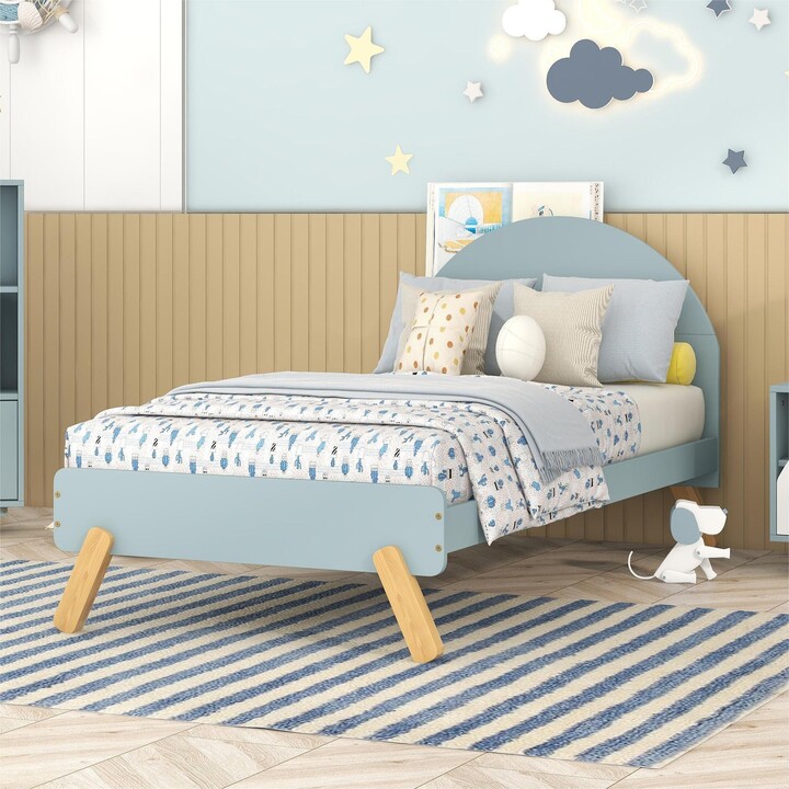 TOSWIN Wooden Cute Platform Bed with Curved Headboard and Twin Size Bed
